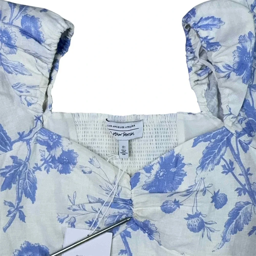 & OTHER‎ STORIES Blue White Floral Maxi Dress Linen Size 4 Cottagecore NEW - Picture 5 of 14